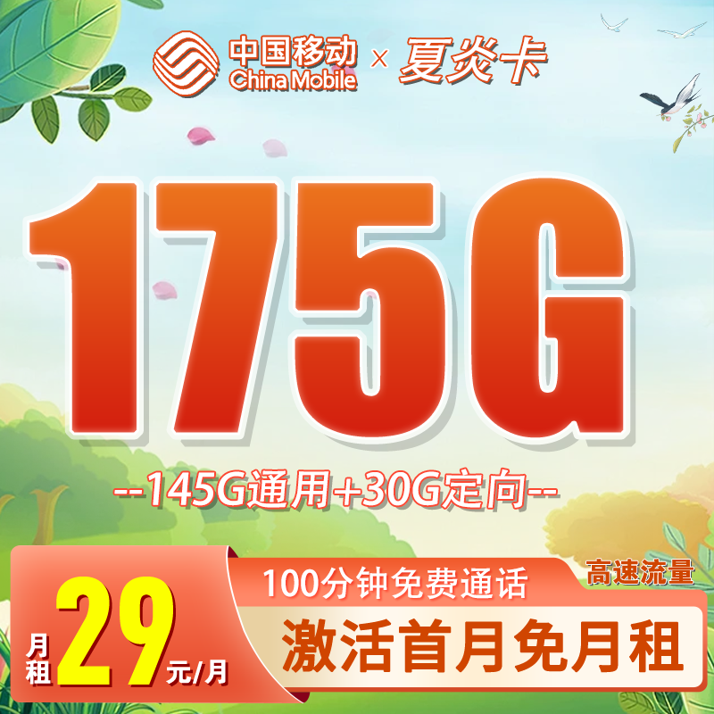 移动夏炎卡29元175G流量+100分钟通话