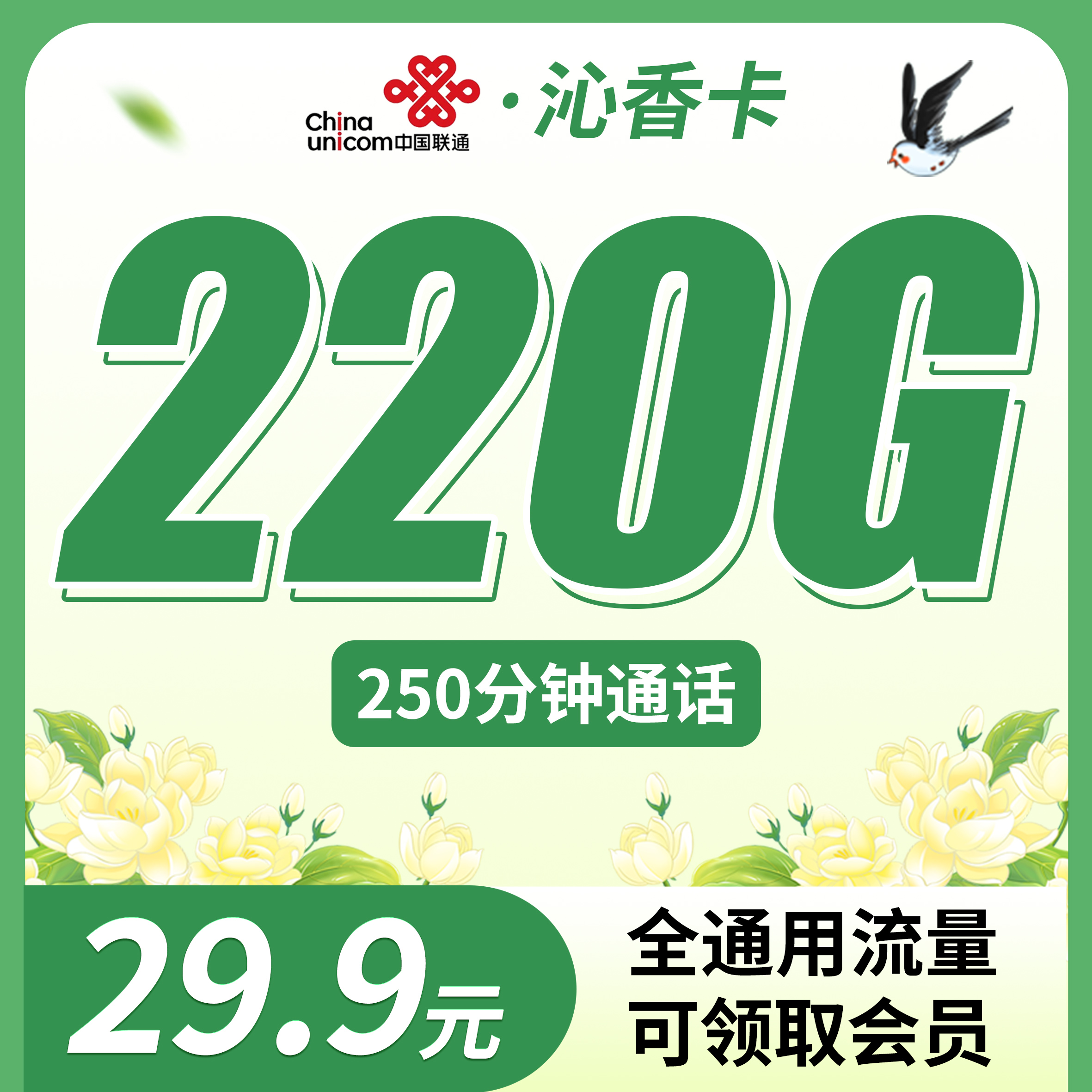 联通沁香卡29.9元220G+250分钟+会员权益！