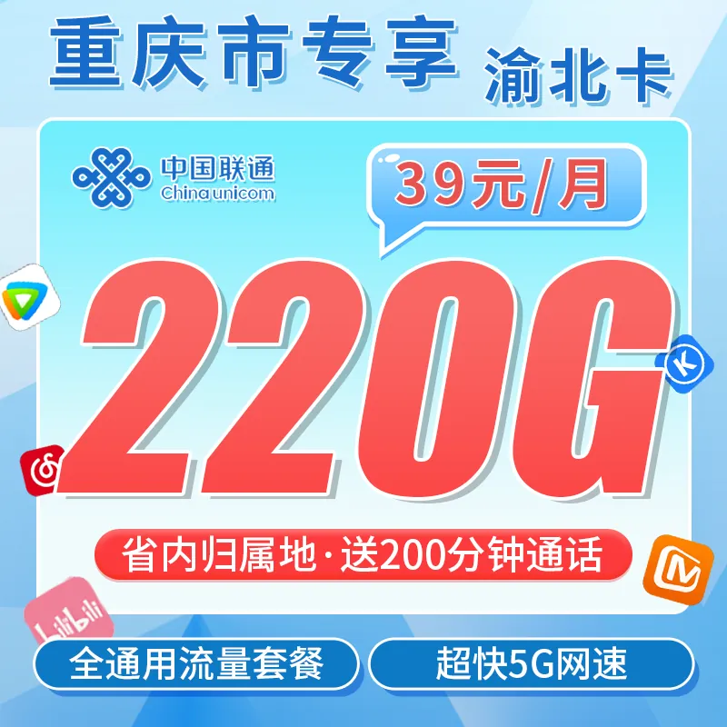 联通渝北卡39元220G+200分钟+重庆专属！