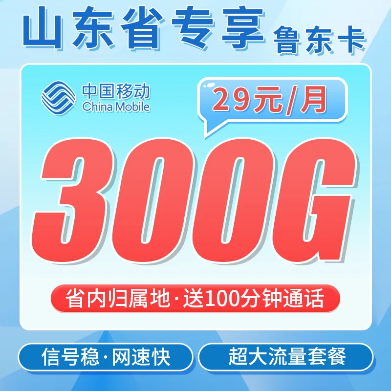 移动鲁东卡29元300G+100分钟+山东专属！