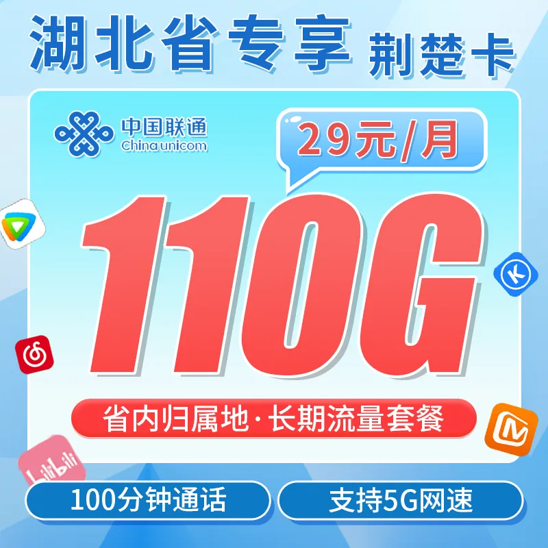 联通荆楚卡29元110G+100分钟+湖北专属!
