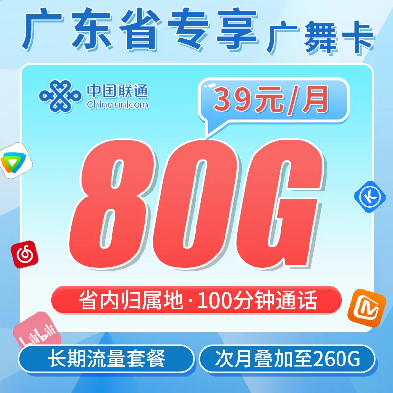 联通广舞卡38元80G+100分钟+广东省专属！